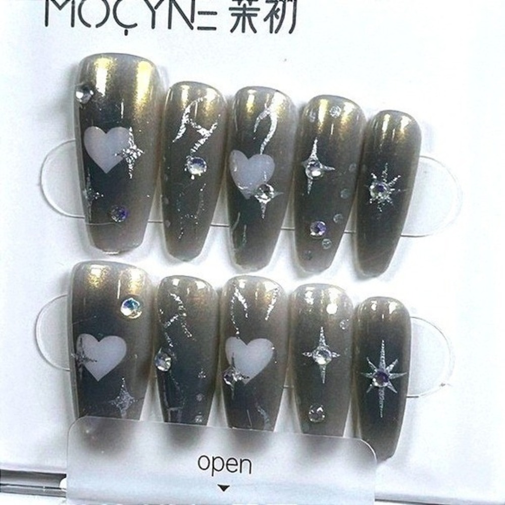Grey Chrome Press On Nails Heart Star Nails Long Coffin Y2K Goth Aesthetic Nails